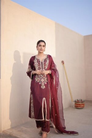Designer Satin Silk Embroidered Top & Palazzo with Organza Dupatta