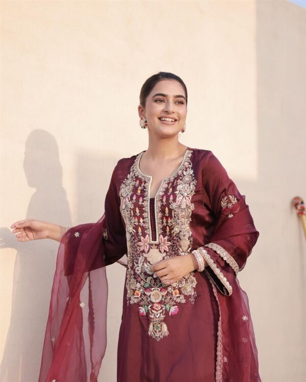 Designer Satin Silk Embroidered Top & Palazzo with Organza Dupatta - Image 4