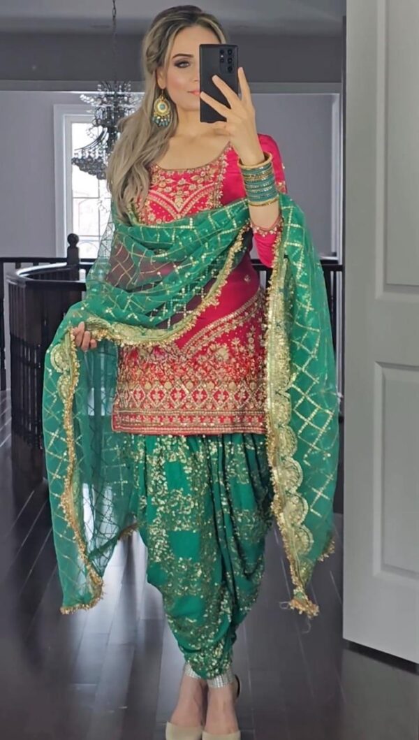 Designer Faux Georgette Top, Dhoti Salwar and Dupatta Set with Embroidery Work - Image 2