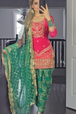 Designer Faux Georgette Top, Dhoti Salwar and Dupatta Set with Embroidery Work