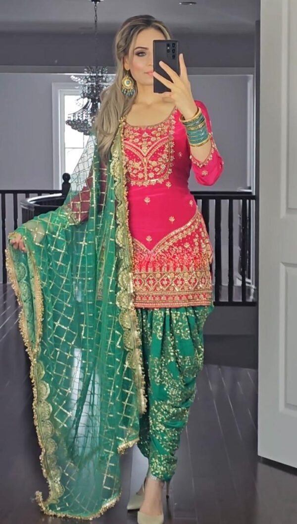 Designer Faux Georgette Top, Dhoti Salwar and Dupatta Set with Embroidery Work