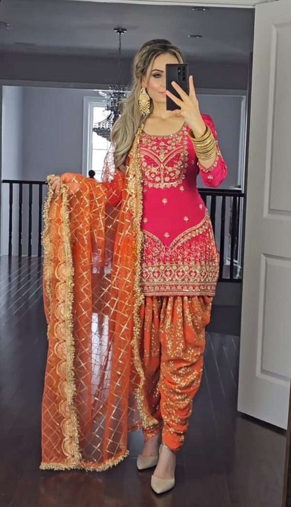 Designer Faux Georgette Top, Dhoti Salwar and Dupatta Set with Embroidery Work