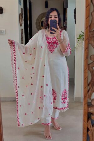 Designer Roman Cotton Silk Embroidered Top, Pant and Dupatta Set