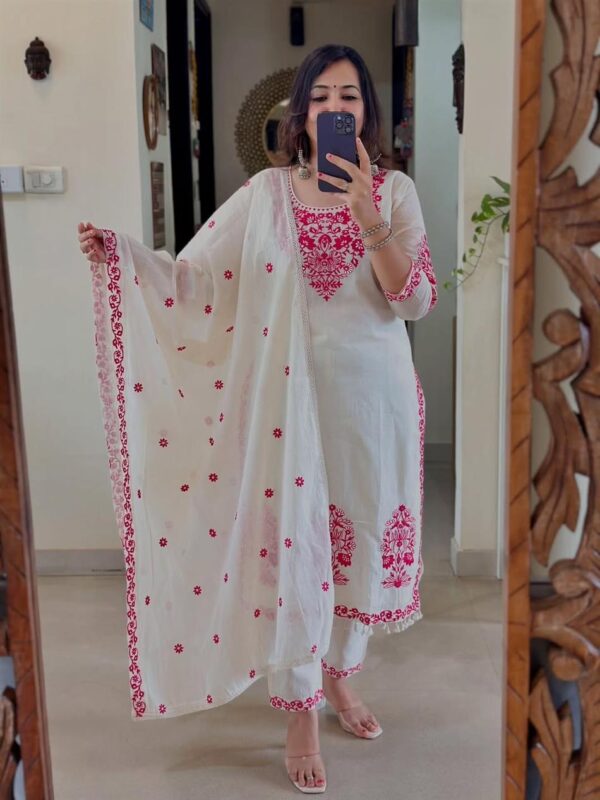 Designer Roman Cotton Silk Embroidered Top, Pant and Dupatta Set