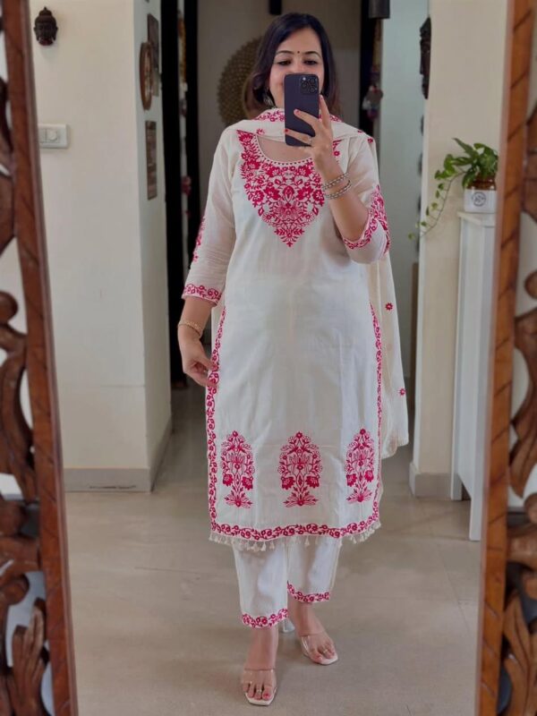 Designer Roman Cotton Silk Embroidered Top, Pant and Dupatta Set - Image 2