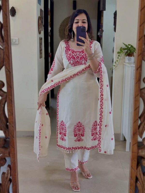 Designer Roman Cotton Silk Embroidered Top, Pant and Dupatta Set - Image 3