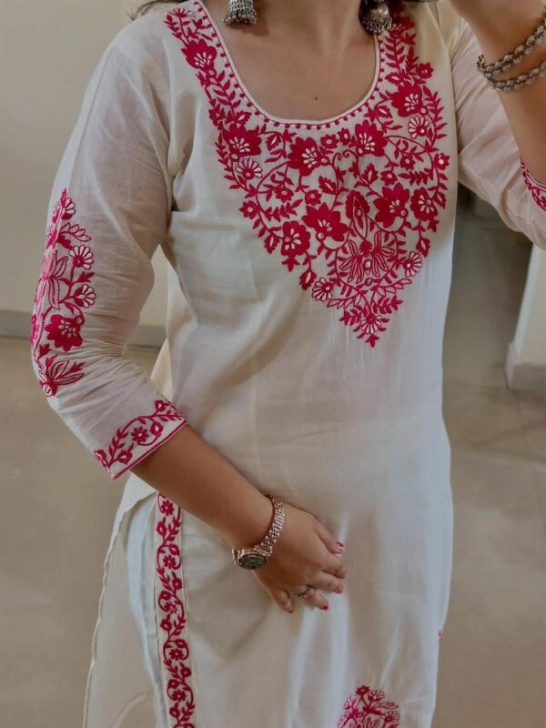 Designer Roman Cotton Silk Embroidered Top, Pant and Dupatta Set - Image 4