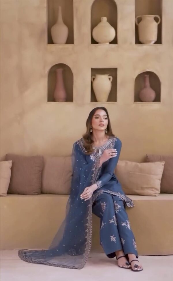 Designer Crepe Embroidered Farshi Palazzo Set with Organza Dupatta - Image 2