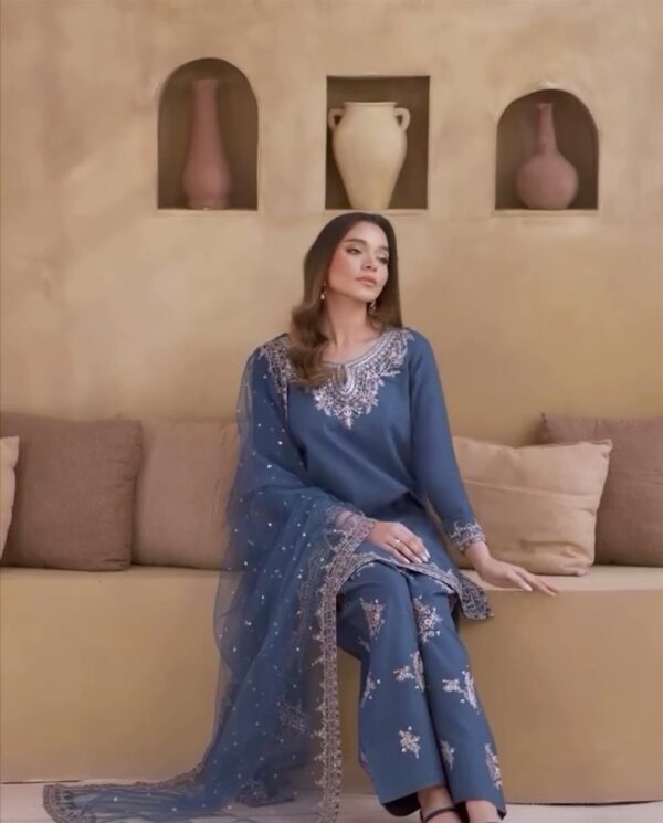 Designer Crepe Embroidered Farshi Palazzo Set with Organza Dupatta - Image 3