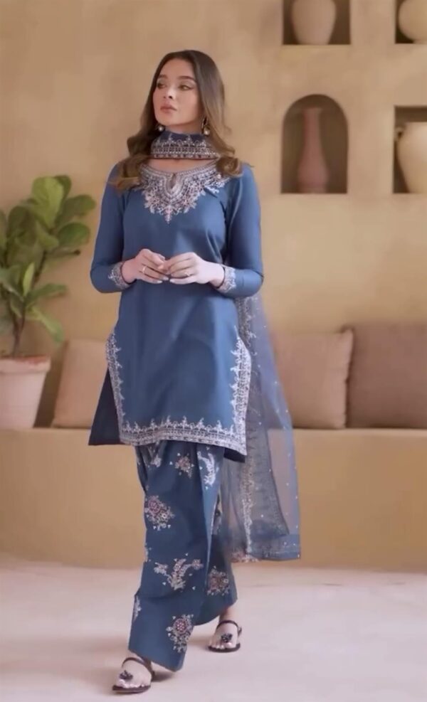 Designer Crepe Embroidered Farshi Palazzo Set with Organza Dupatta - Image 4