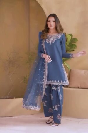 Designer Crepe Embroidered Farshi Palazzo Set with Organza Dupatta