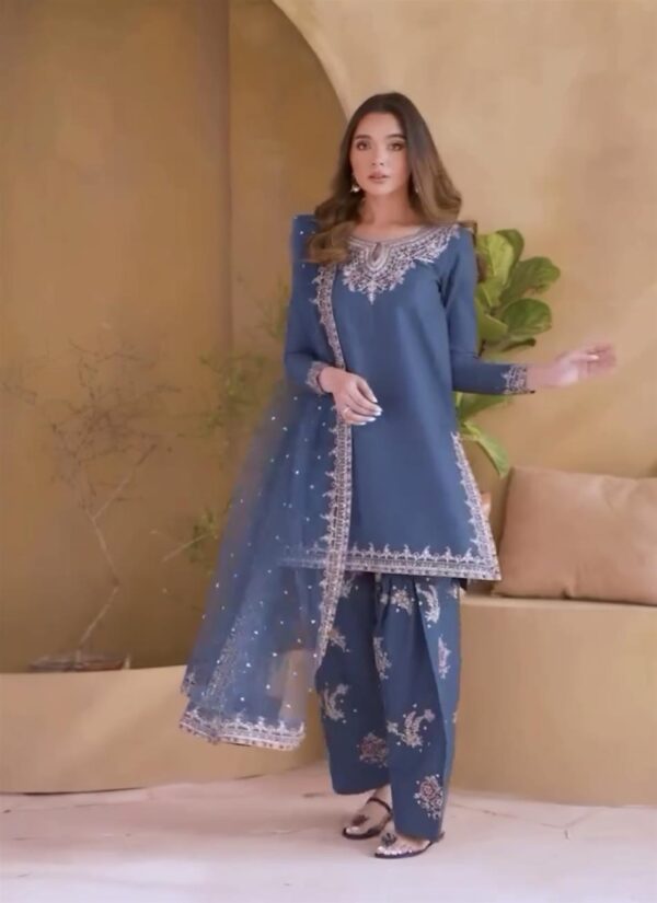 Designer Crepe Embroidered Farshi Palazzo Set with Organza Dupatta