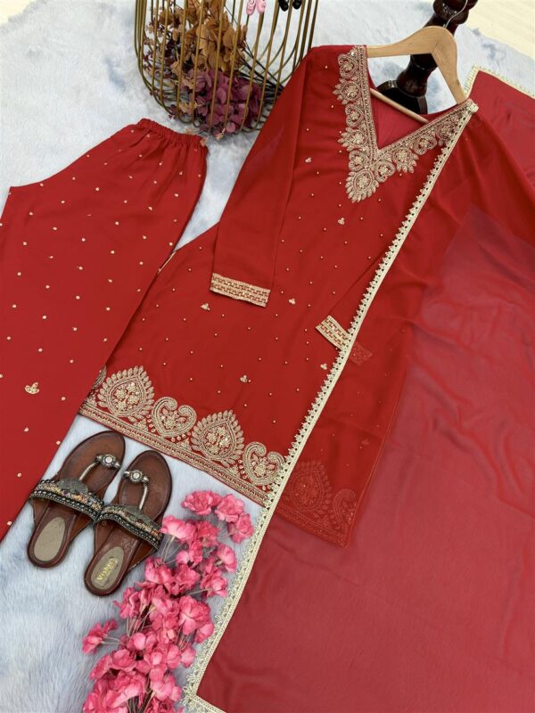 Designer Faux Georgette Top, Plazzo and Dupatta Set with Handwork Embroidery - Image 5
