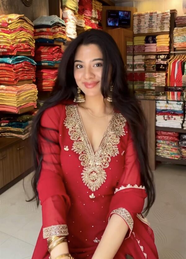 Designer Faux Georgette Top, Plazzo and Dupatta Set with Handwork Embroidery - Image 3