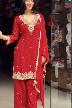 Designer Faux Georgette Top, Plazzo and Dupatta Set with Handwork Embroidery
