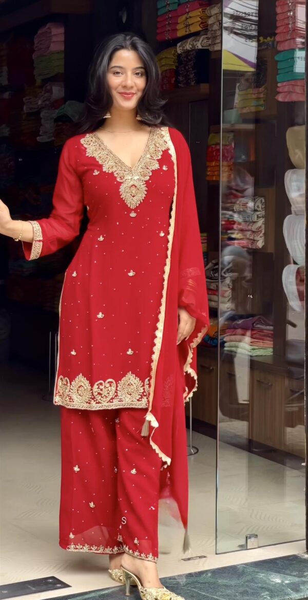 Designer Faux Georgette Top, Plazzo and Dupatta Set with Handwork Embroidery