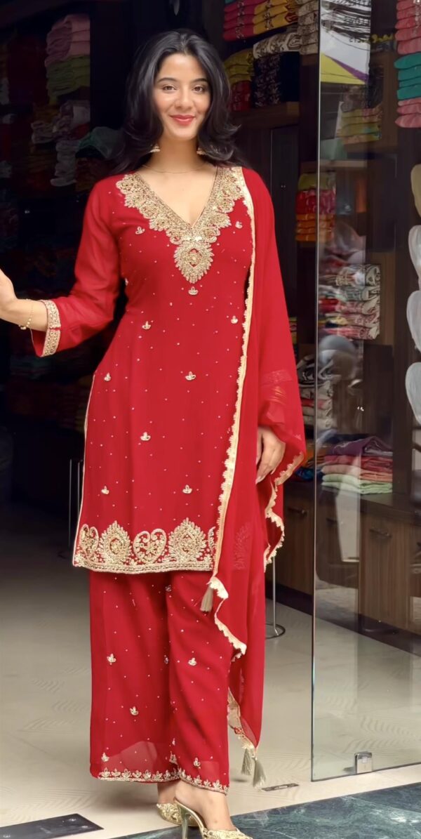 Designer Faux Georgette Top, Plazzo and Dupatta Set with Handwork Embroidery - Image 2