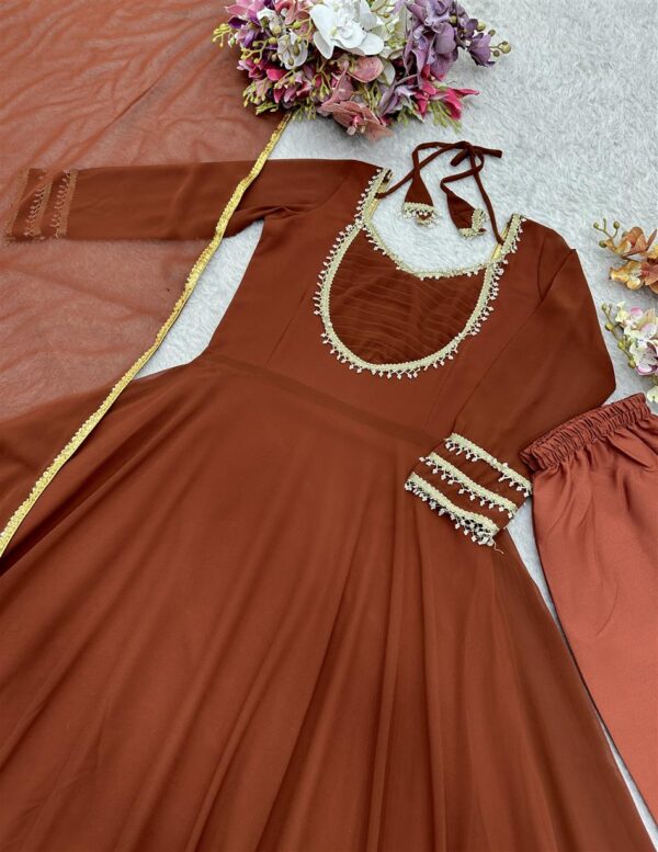 Fox Georgette Hand-Embroidered Gown Pant Set with Dupatta - Image 4