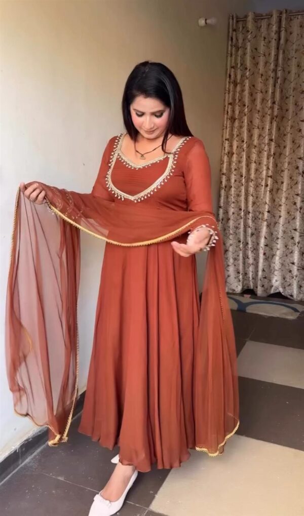 Fox Georgette Hand-Embroidered Gown Pant Set with Dupatta - Image 2