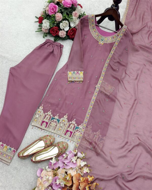 Tebby Organza Silk Embroidered Top & Pant Set with Dupatta - Image 5