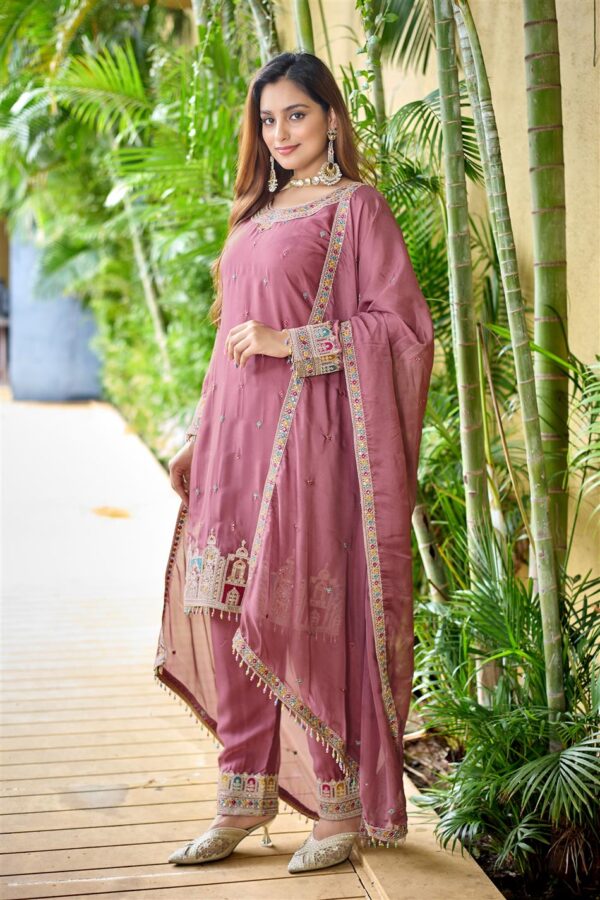 Tebby Organza Silk Embroidered Top & Pant Set with Dupatta