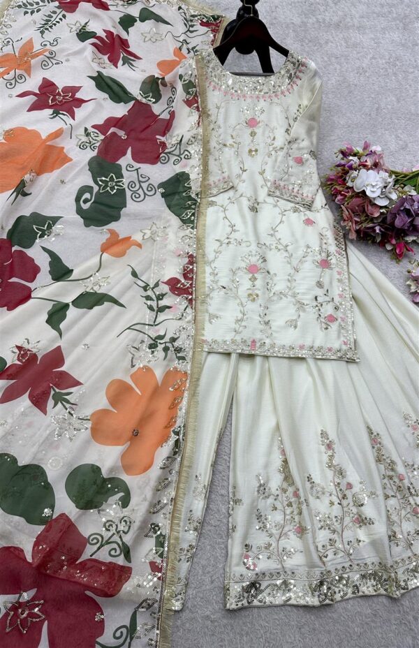 Chinon Silk Embroidered Sharara Set with Digital Print Dupatta - Image 5
