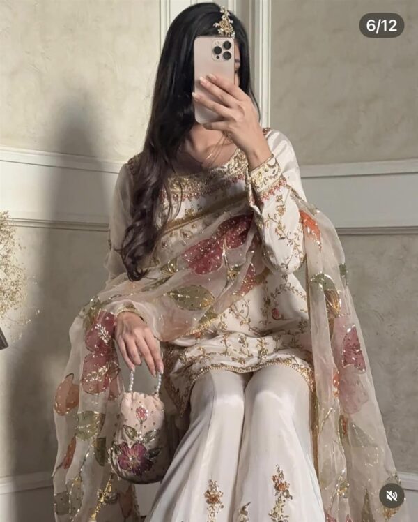 Chinon Silk Embroidered Sharara Set with Digital Print Dupatta - Image 3