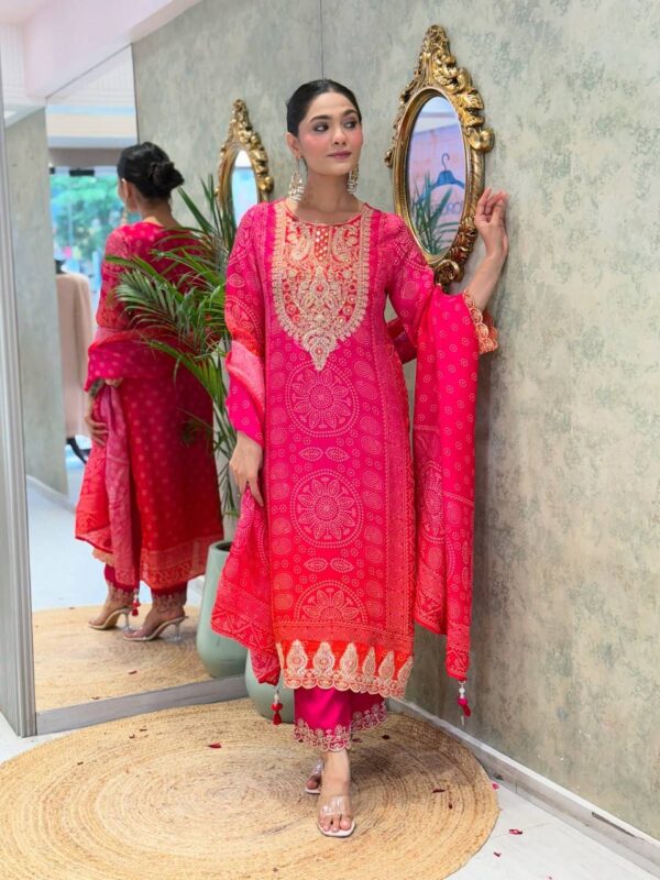 Natural Crepe Embroidered Top-Plazzo-Dupatta Set - Image 2