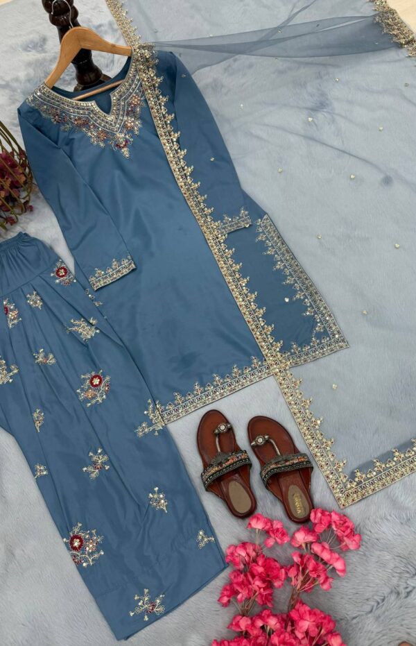 Designer Crepe Embroidered Farshi Palazzo Set with Organza Dupatta - Image 5