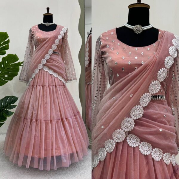 Elegant Ready-to-Wear Twill Organza Lehenga Saree Set - Image 4