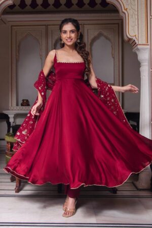 Embroidered Faux Georgette Gown Set with Dupatta