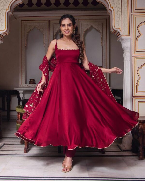 Embroidered Faux Georgette Gown Set with Dupatta