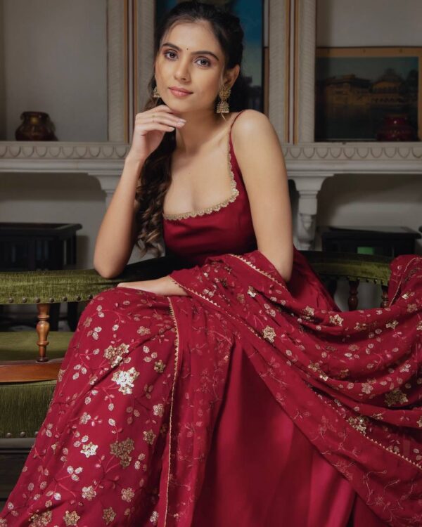 Embroidered Faux Georgette Gown Set with Dupatta - Image 3