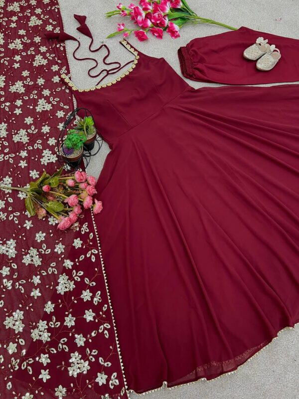 Embroidered Faux Georgette Gown Set with Dupatta - Image 5