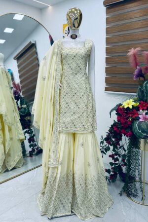 Natural Crepe Party Top, Palazzo & Dupatta Set with Embroidery