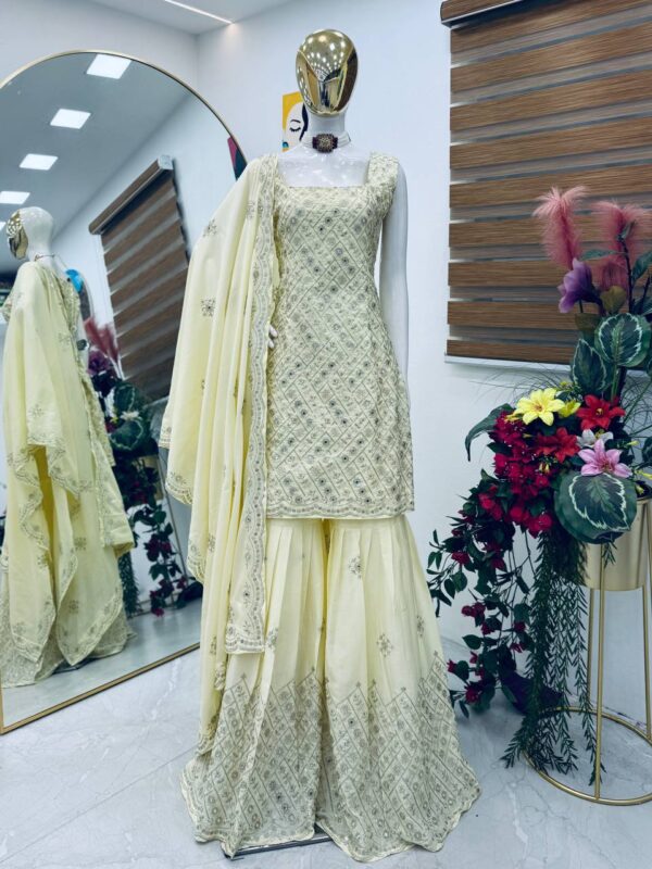 Natural Crepe Party Top, Palazzo & Dupatta Set with Embroidery