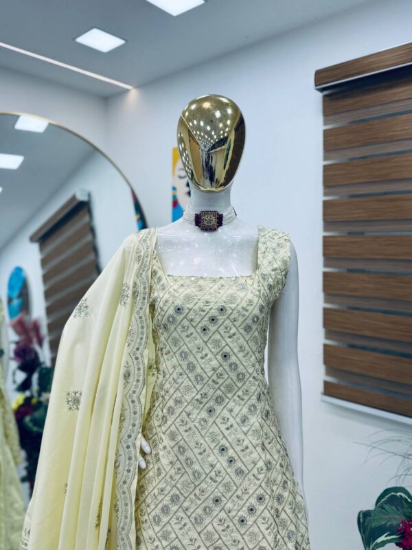 Natural Crepe Party Top, Palazzo & Dupatta Set with Embroidery - Image 2