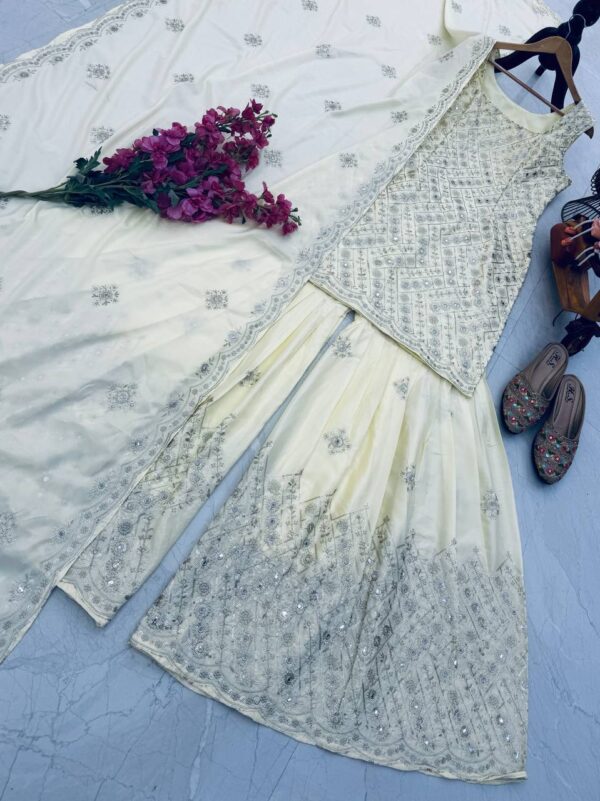 Natural Crepe Party Top, Palazzo & Dupatta Set with Embroidery - Image 3