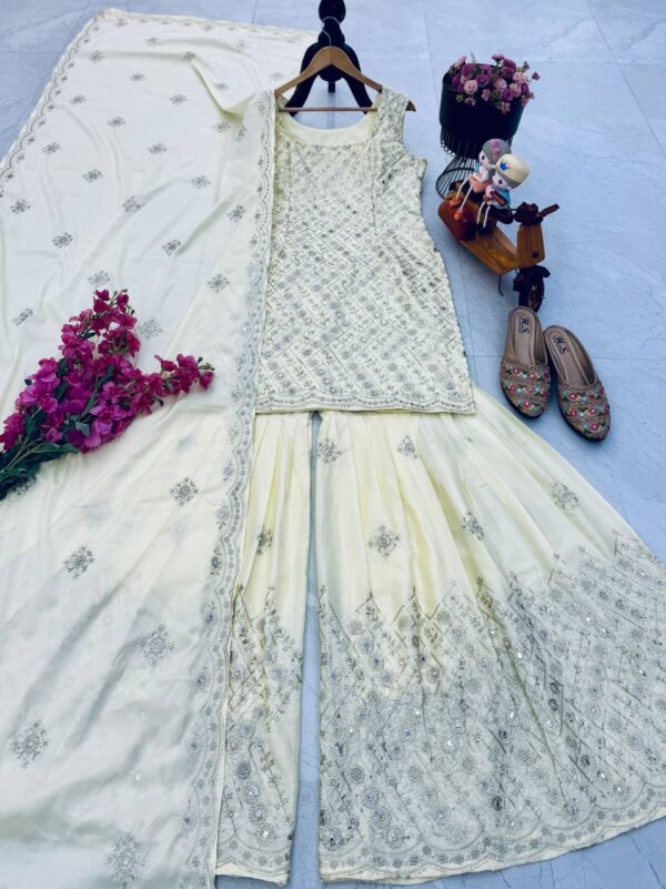 Natural Crepe Party Top, Palazzo & Dupatta Set with Embroidery - Image 4