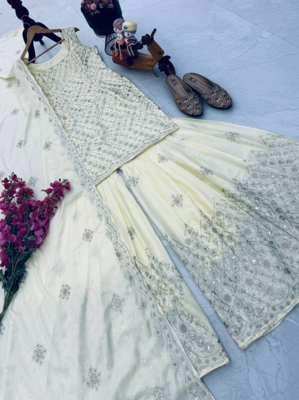 Natural Crepe Party Top, Palazzo & Dupatta Set with Embroidery - Image 5