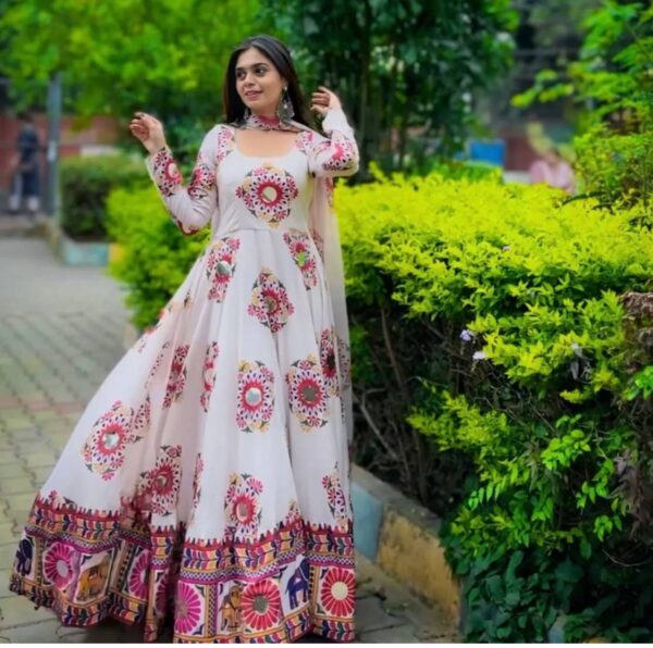 Moss Satin Silk Navratri Gown with Mirror Work Dupatta - Image 2