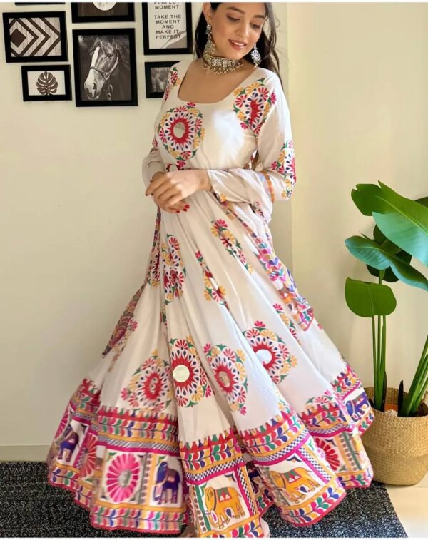 Moss Satin Silk Navratri Gown with Mirror Work Dupatta