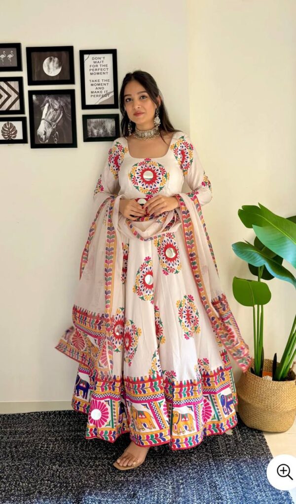 Moss Satin Silk Navratri Gown with Mirror Work Dupatta - Image 3