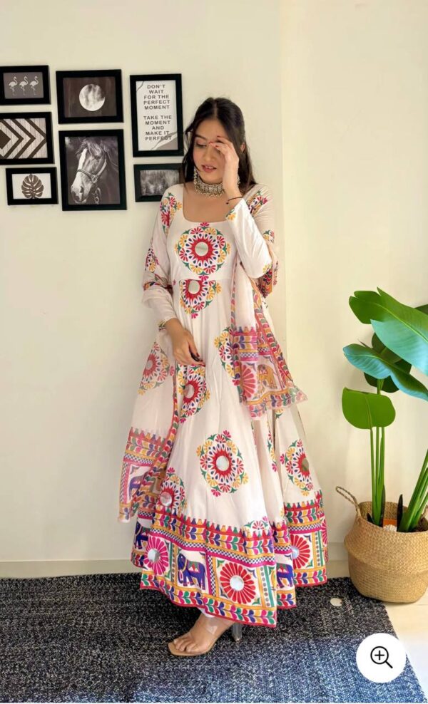Moss Satin Silk Navratri Gown with Mirror Work Dupatta - Image 4