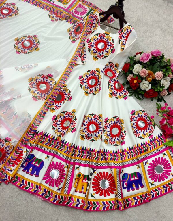 Moss Satin Silk Navratri Gown with Mirror Work Dupatta - Image 5