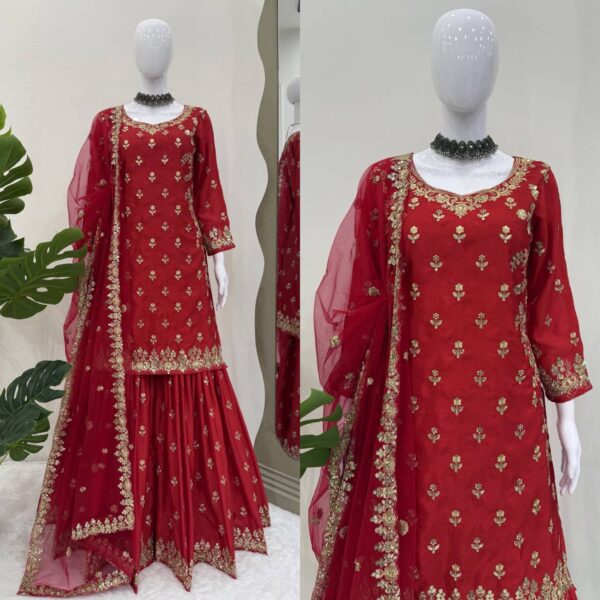 Chinon Silk Sharara Set with Butterfly Net Dupatta - Image 2