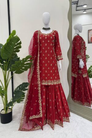 Chinon Silk Sharara Set with Butterfly Net Dupatta