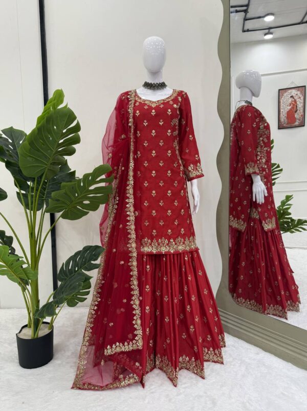 Chinon Silk Sharara Set with Butterfly Net Dupatta