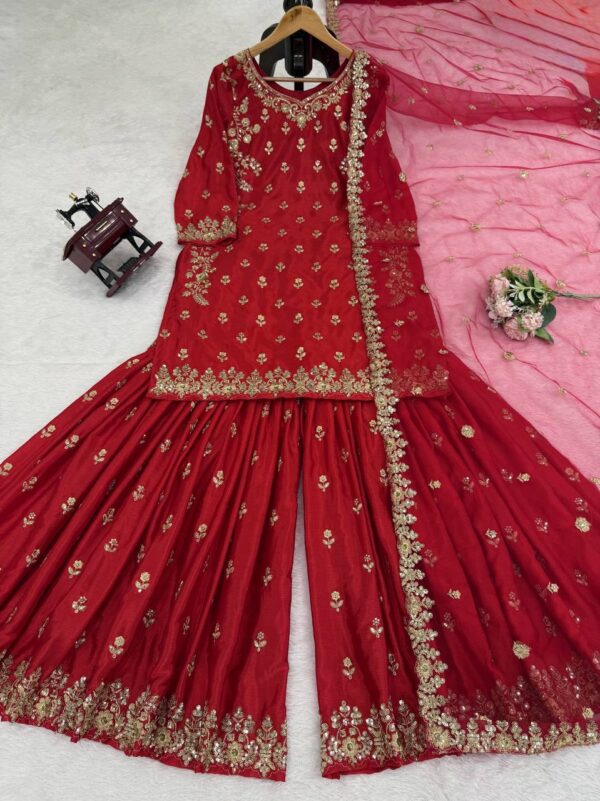 Chinon Silk Sharara Set with Butterfly Net Dupatta - Image 5