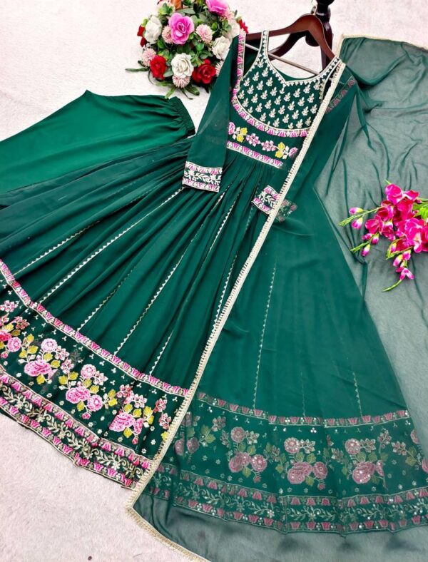 Designer Heavy Fox Georgette Embroidered Gown with Pant & Dupatta Set - Image 5